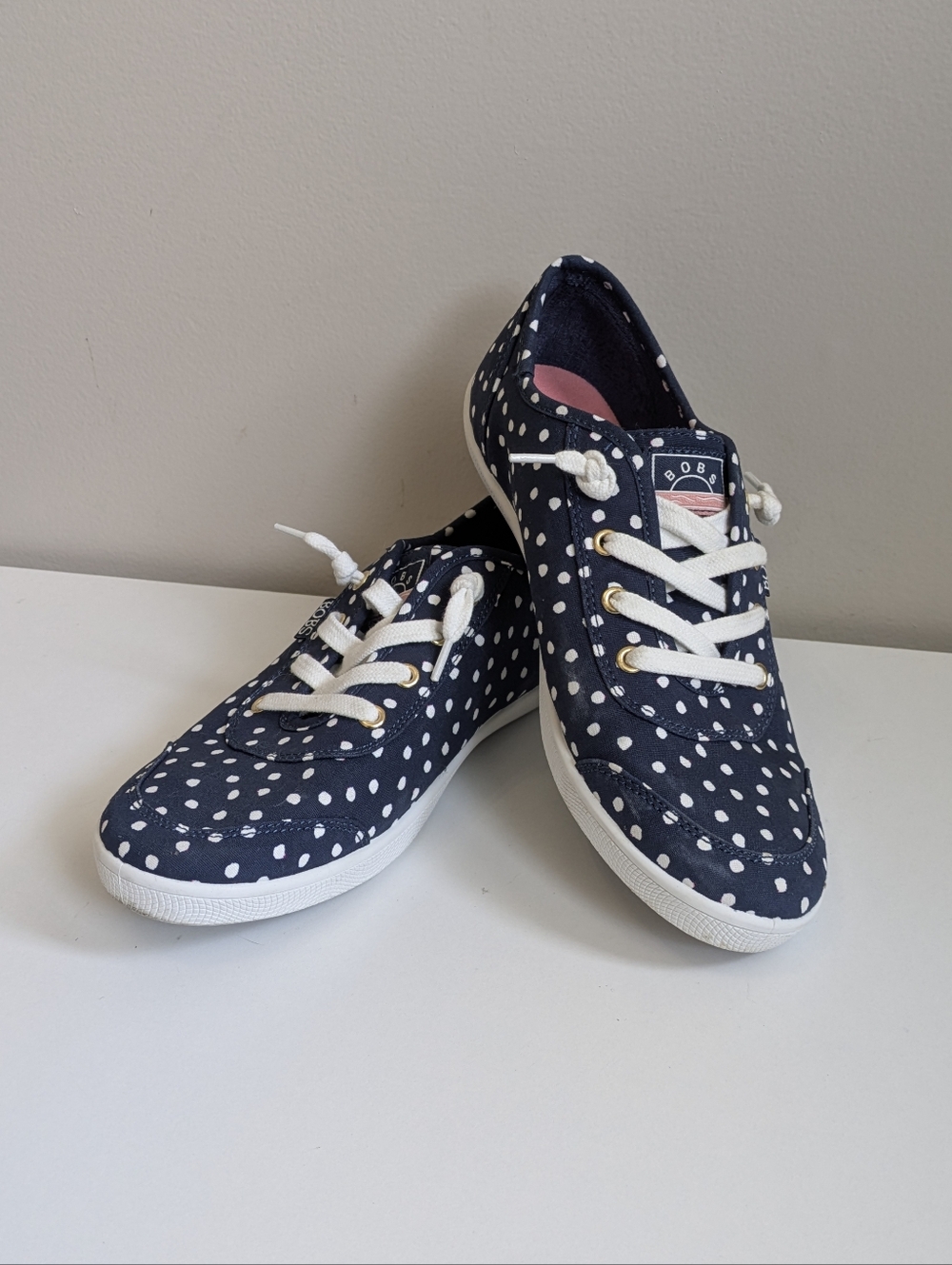 Women’s Navy Polka Dot BOBS Skechers Sneakers - White Laces